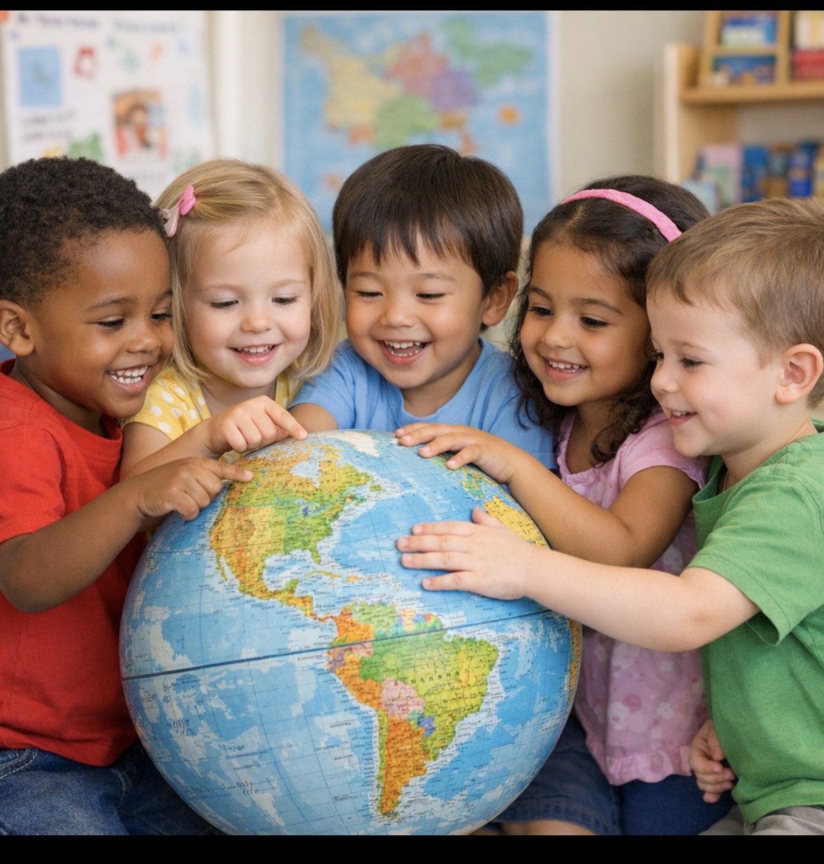 Preschool children exploring a globe together